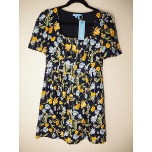 Draper James 100% Linen NWT Size 0 Pockets Floral Square Neck Peasant Dress